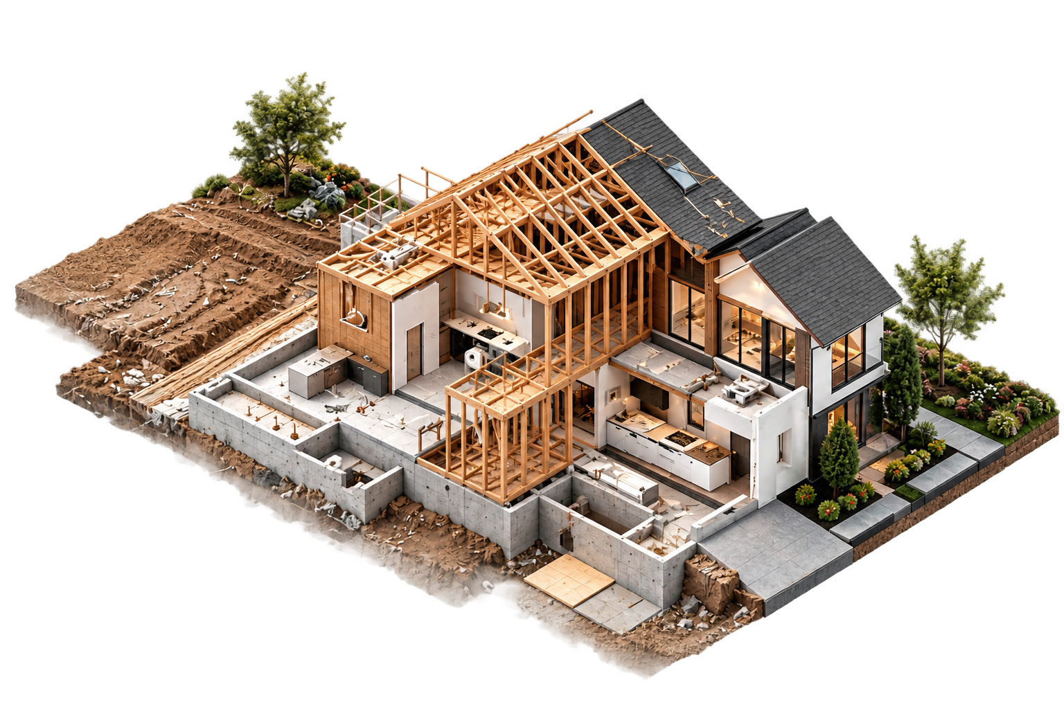Cutaway illustration of a house under construction, from raw land and foundation to finished home