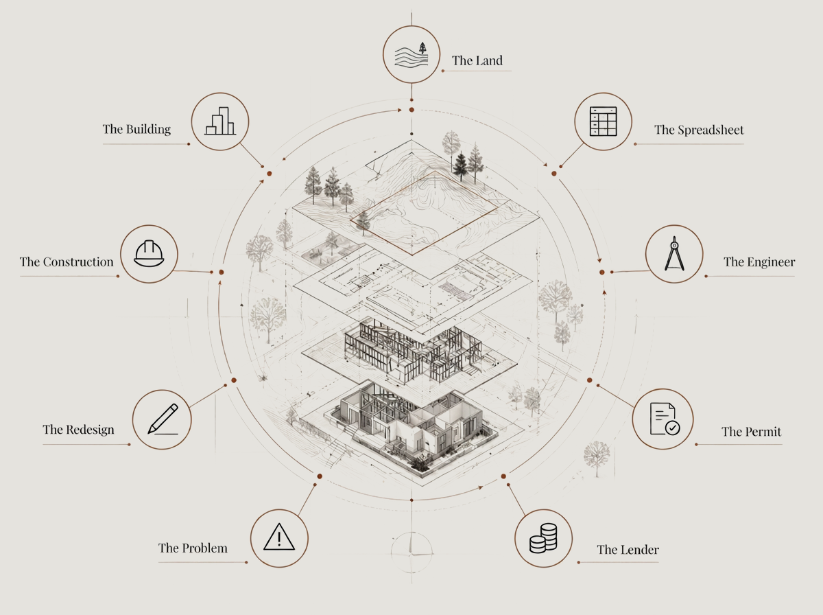 The development cycle: nine stages around an exploded architectural drawing of a site becoming a building